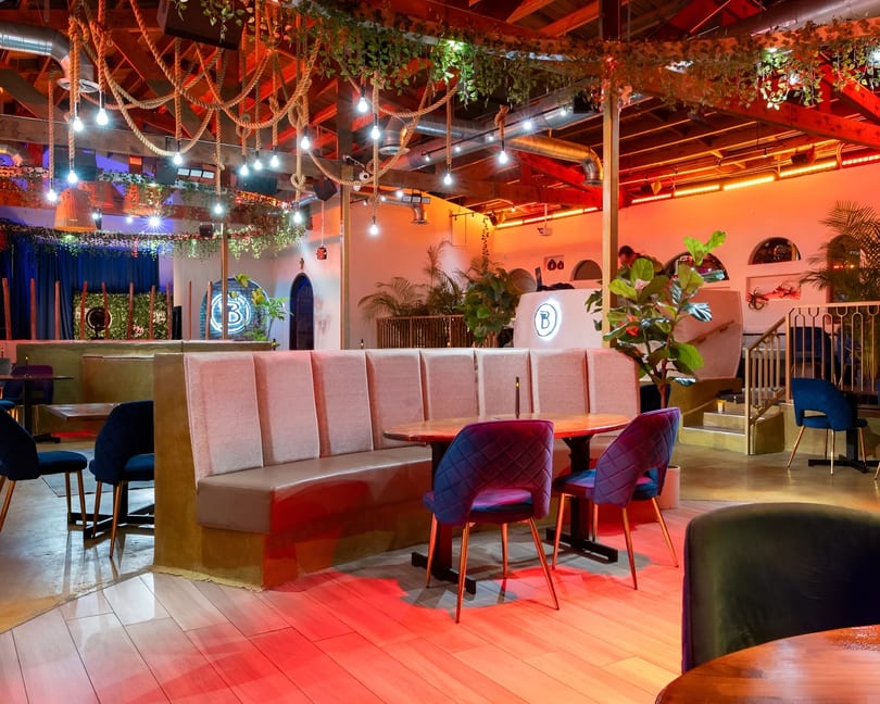 Restaurant interior with red lighting, booth seating, blue chairs, and hanging plants with lights.