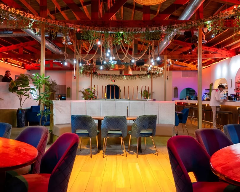 Vibrant restaurant interior with red lighting, plush seating, a bar, and hanging plants.